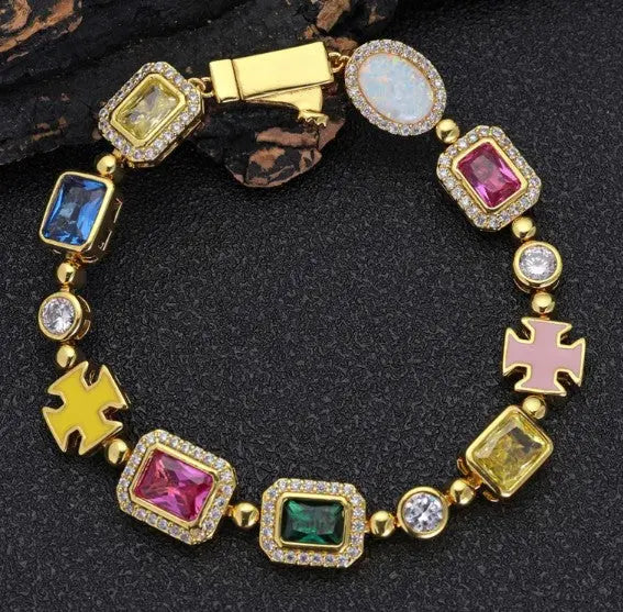 Gold-plated hip-hop gemstone necklace from SHOPEZRA L.L.C., 16-inch titanium chain with colorful gemstone accents.