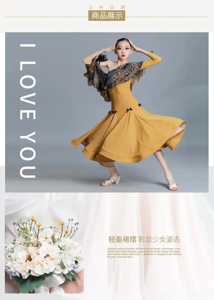Customized modern dance dress by SHOPEZRA L.L.C. featuring a stylish top and skirt for children's and adults' ballroom performances.