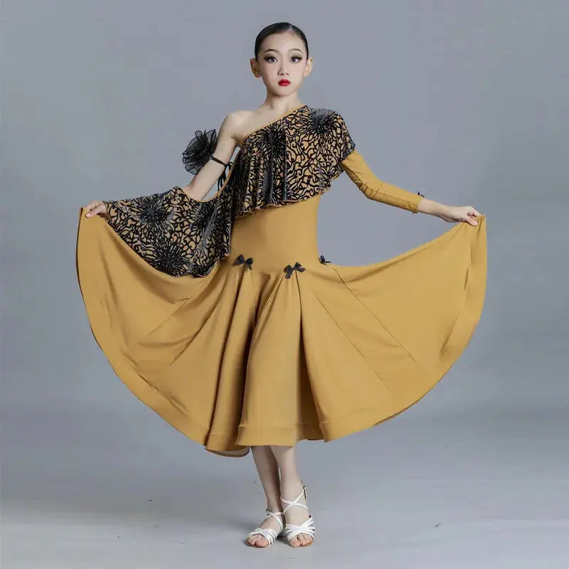 Customized modern dance dress for children and adults by SHOPEZRA L.L.C., featuring a stylish top and skirt for ballroom performances.