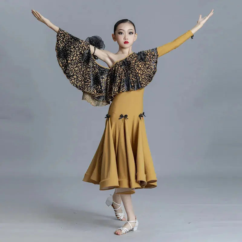 Customized modern dance dress by SHOPEZRA L.L.C. featuring a fitted top and flowing skirt for children's and adult ballroom performances.