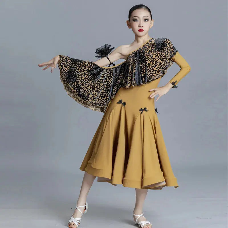 Customized modern dance dress by SHOPEZRA L.L.C., children's and adult ballroom dance costume with fitted top and flowing skirt.