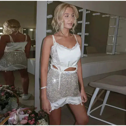 Sexy Lace Trim Irregular Hem Top Sequin Skirt Set Satin Split Patchwork Backless Sling Tops Mini Skirts 2026 Summer Lady Suit by Dropshipman