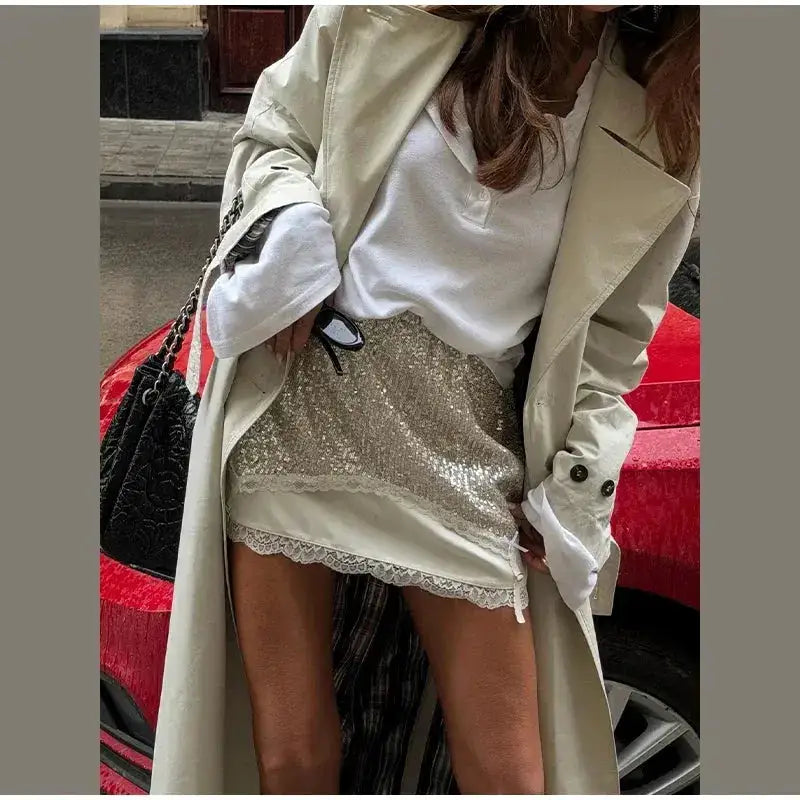 Sexy Lace Trim Irregular Hem Top Sequin Skirt Set Satin Split Patchwork Backless Sling Tops Mini Skirts 2026 Summer Lady Suit by Dropshipman