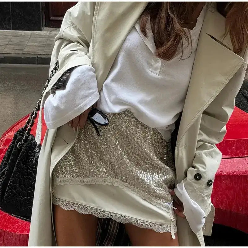 Sexy Lace Trim Irregular Hem Top Sequin Skirt Set Satin Split Patchwork Backless Sling Tops Mini Skirts 2026 Summer Lady Suit by Dropshipman