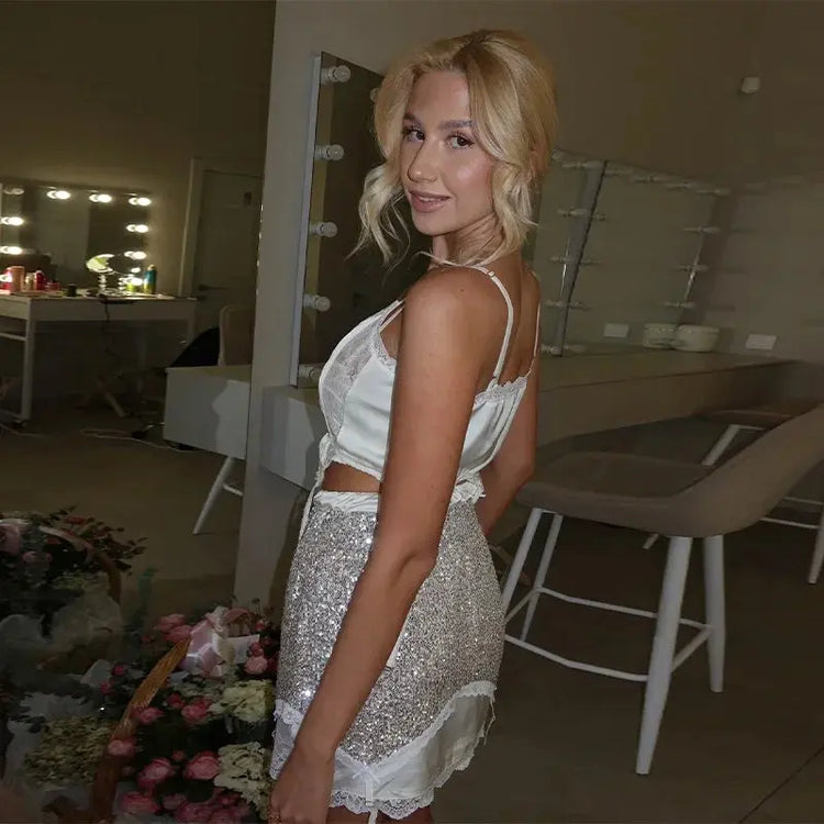 Sexy Lace Trim Irregular Hem Top Sequin Skirt Set Satin Split Patchwork Backless Sling Tops Mini Skirts 2026 Summer Lady Suit SHOPEZRA L.L.C.
