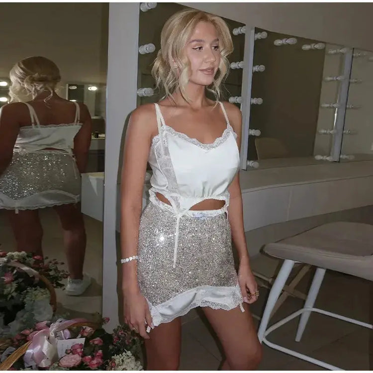 Sexy Lace Trim Irregular Hem Top Sequin Skirt Set Satin Split Patchwork Backless Sling Tops Mini Skirts 2026 Summer Lady Suit SHOPEZRA L.L.C.