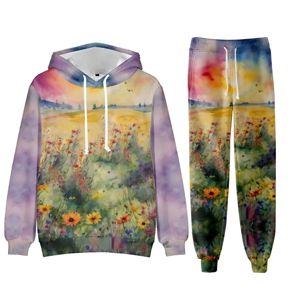 Chic floral women's tracksuit with oversized hoodie and jogger sweatpants, stylish 2-piece sports lounge outfit by SHOPEZRA L.L.C.