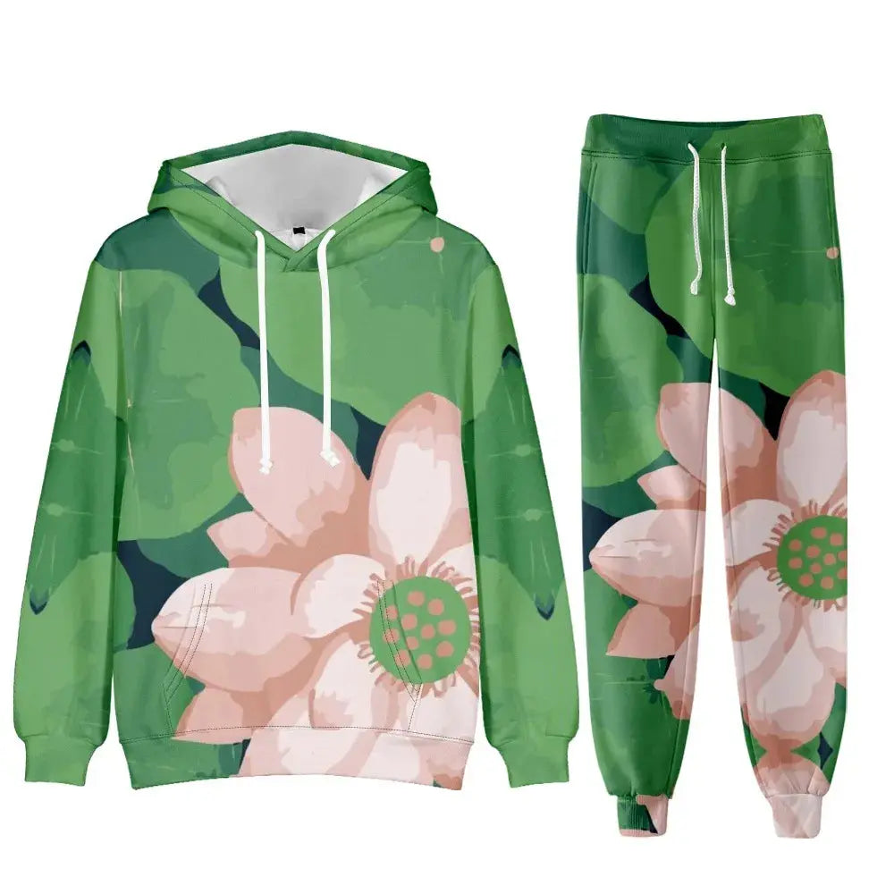 Chic floral women's tracksuit by SHOPEZRA L.L.C., featuring a lounge hoodie, oversized joggers, and matching sweatpants.
