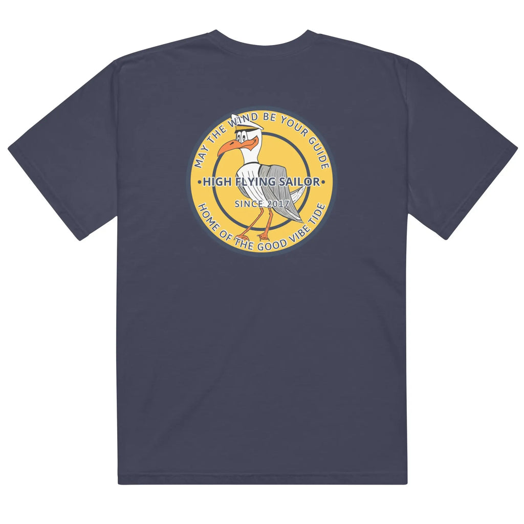 Men's heavyweight sailor t-shirt featuring a colorful high flying sailor graphic on the back.
