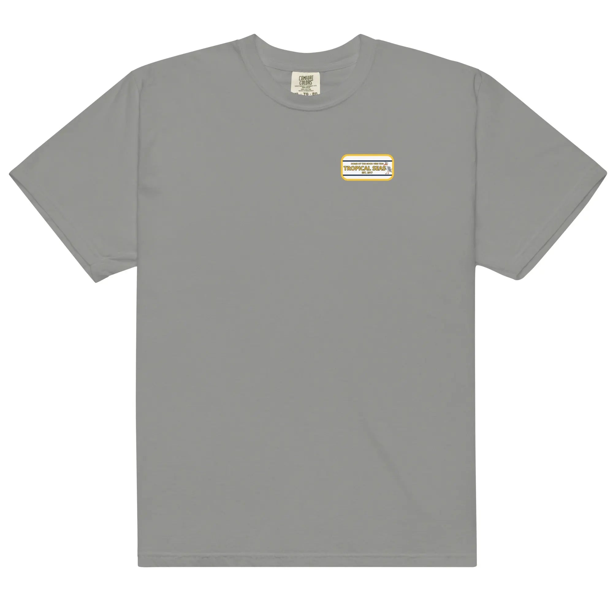 Men's heavyweight sailor t-shirt in gray with Tropical Seas logo on chest, perfect for beach style.
