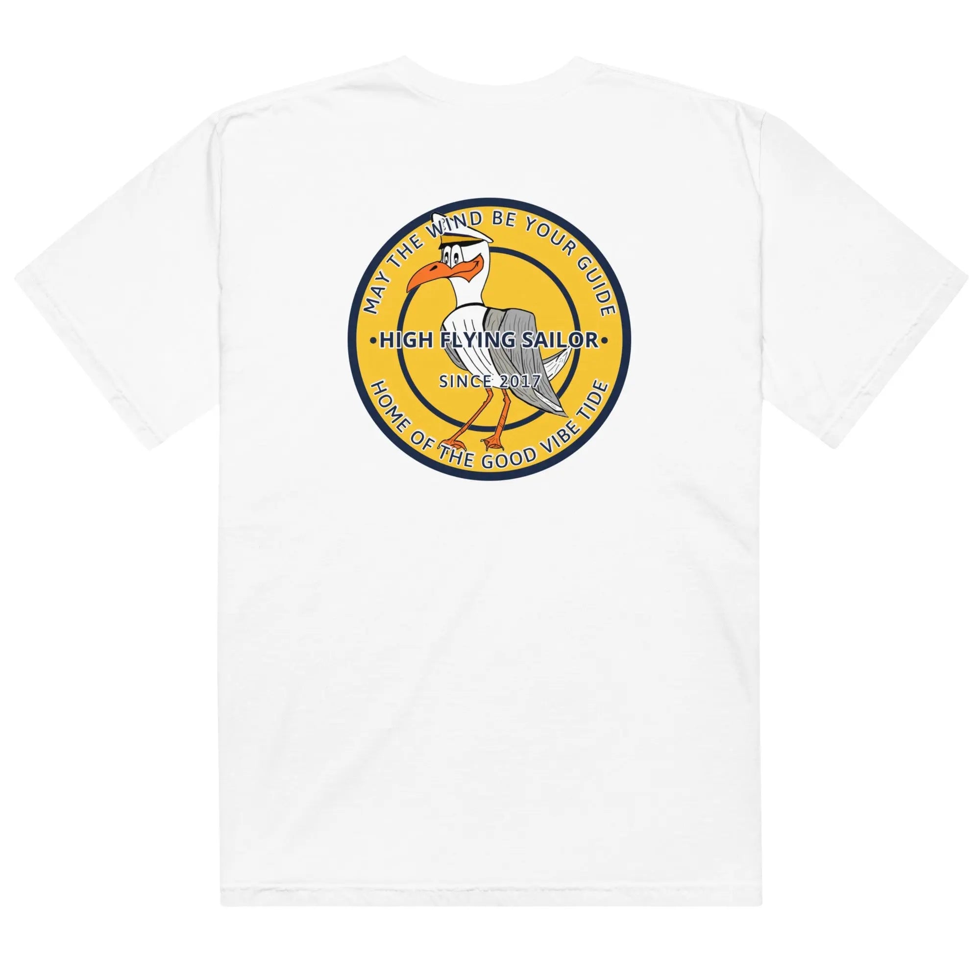 Men’s navy high-flying sailor heavyweight T-shirt by SHOPEZRA L.L.C. featuring a bold nautical graphic and comfortable fit.