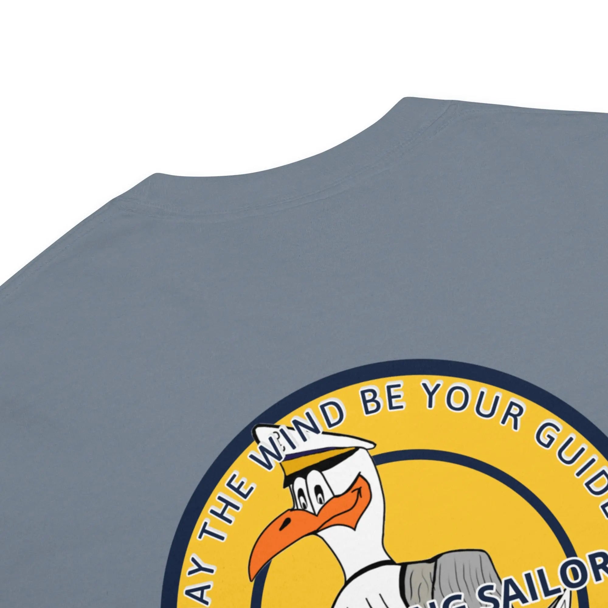 Men’s navy heavyweight T-shirt with high-flying sailor graphic by SHOPEZRA L.L.C. shown on a model.