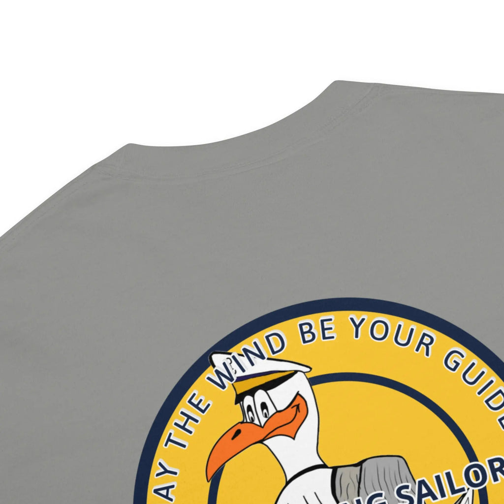 Men's navy heavyweight T-shirt with high-flying sailor graphic by SHOPEZRA L.L.C.