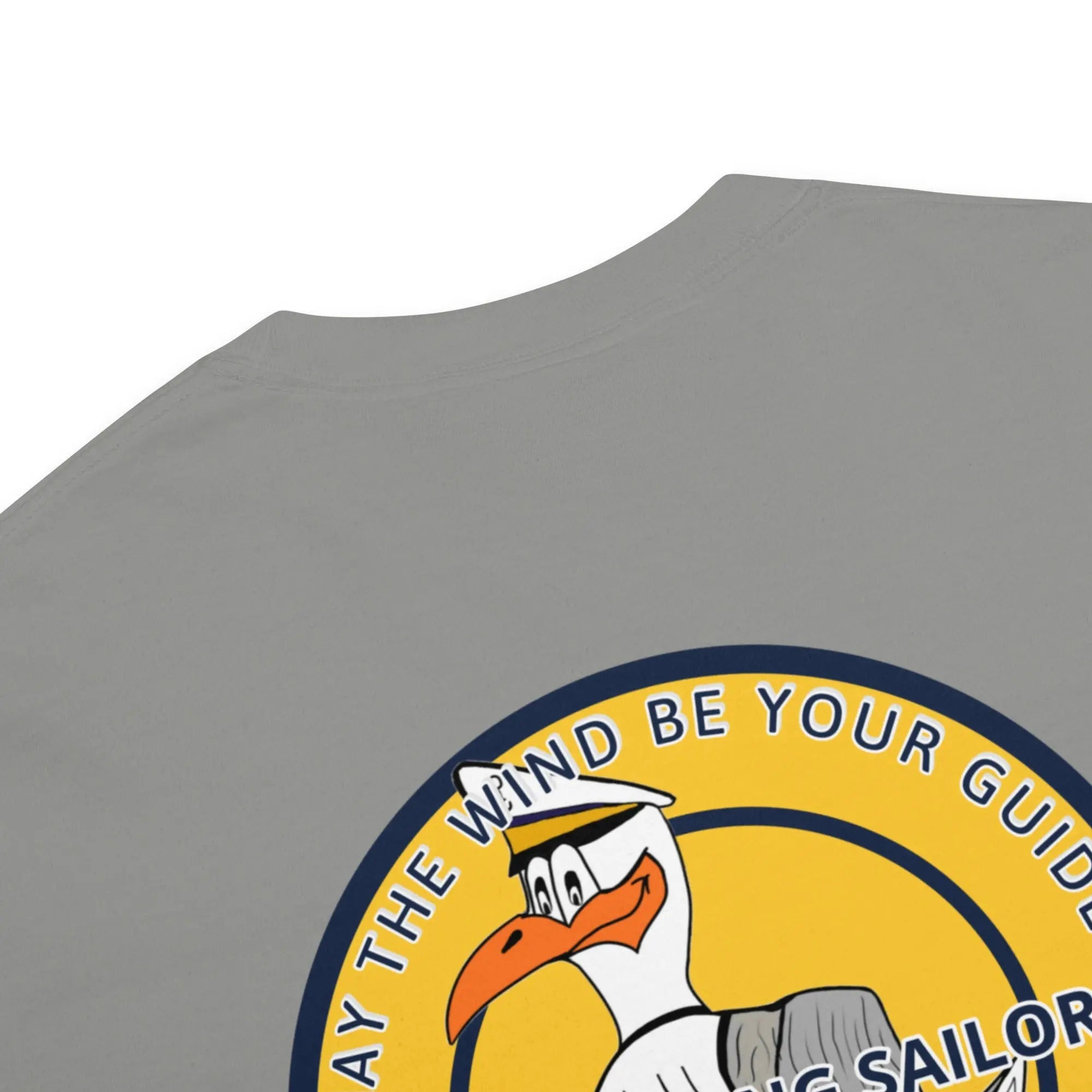 Men's navy heavyweight T-shirt with high-flying sailor graphic by SHOPEZRA L.L.C.