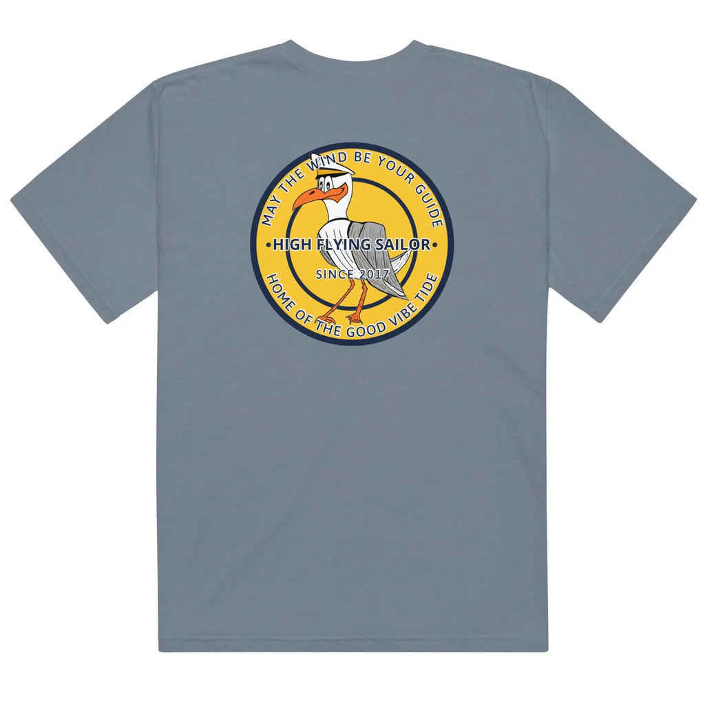 Men’s navy heavyweight T-shirt with high-flying sailor graphic by SHOPEZRA L.L.C.
