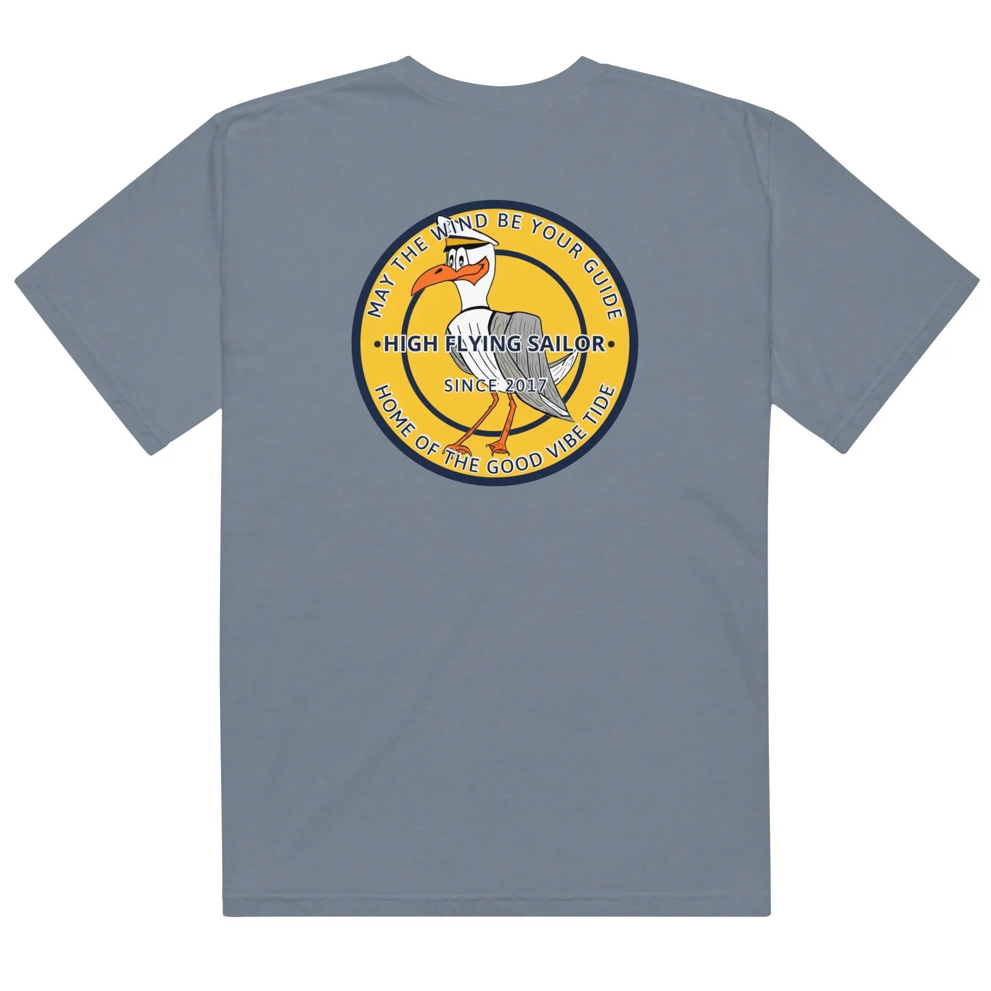 Men’s navy heavyweight T-shirt with high-flying sailor graphic by SHOPEZRA L.L.C.