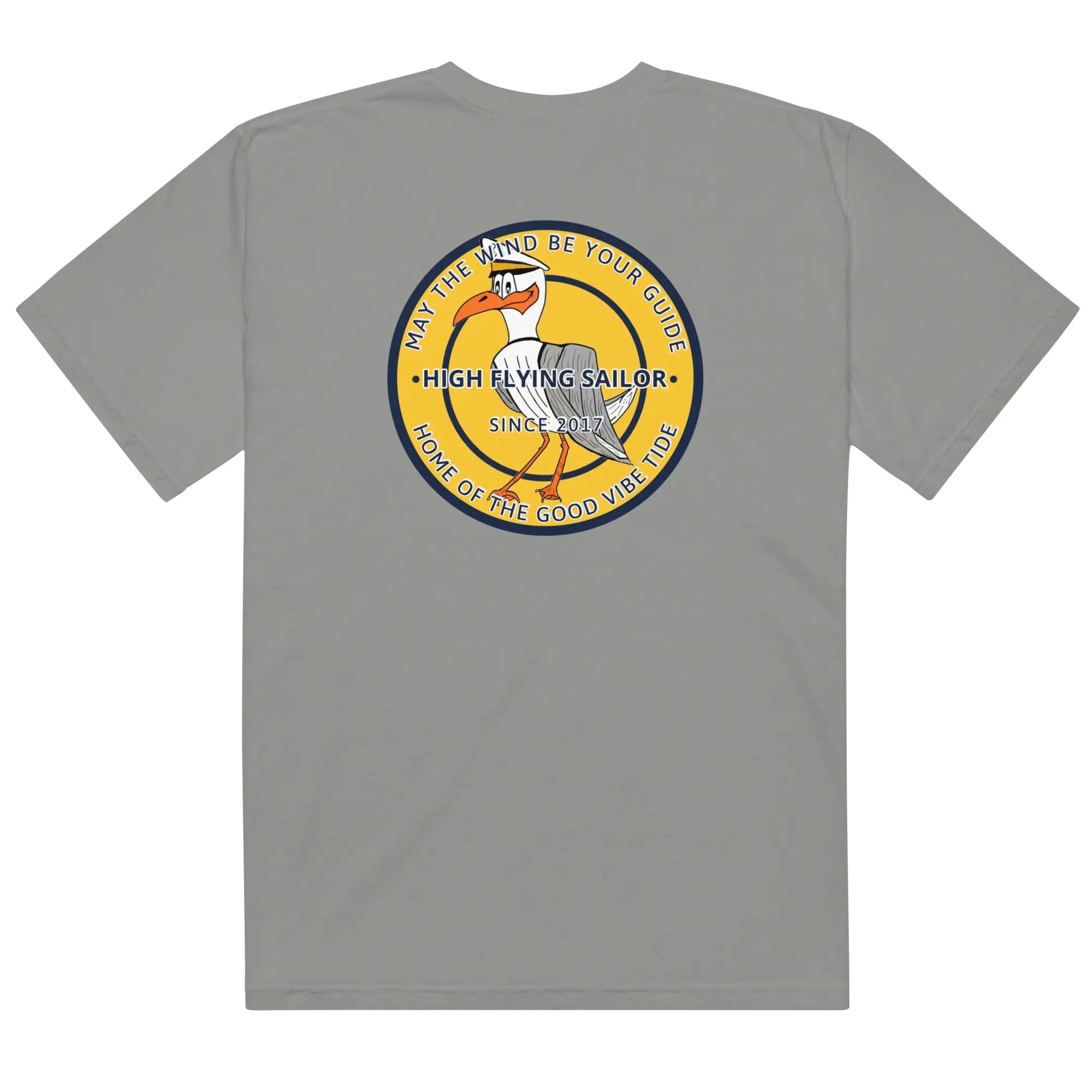 Men's navy heavyweight T-shirt with high-flying sailor graphic from SHOPEZRA L.L.C. displayed on front.