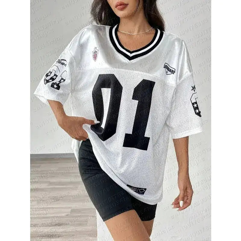 American Sports Fashion V-Neck T-Shirt Street Y2K Hip-Hop Jersey Women&
