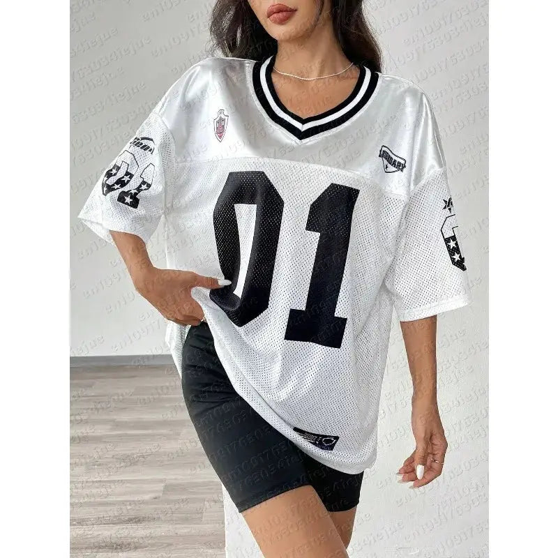 American Sports Fashion V-Neck T-Shirt by SHOPEZRA L.L.C., women's loose, breathable, quick-drying street Y2K hip-hop jersey top.