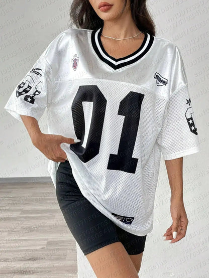 American Sports Fashion V-Neck T-Shirt Street Y2K Hip-Hop Jersey Women&