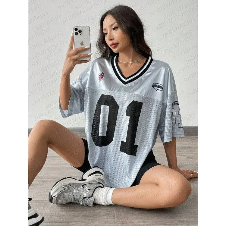 American Sports Fashion V-Neck T-Shirt Street Y2K Hip-Hop Jersey Women&