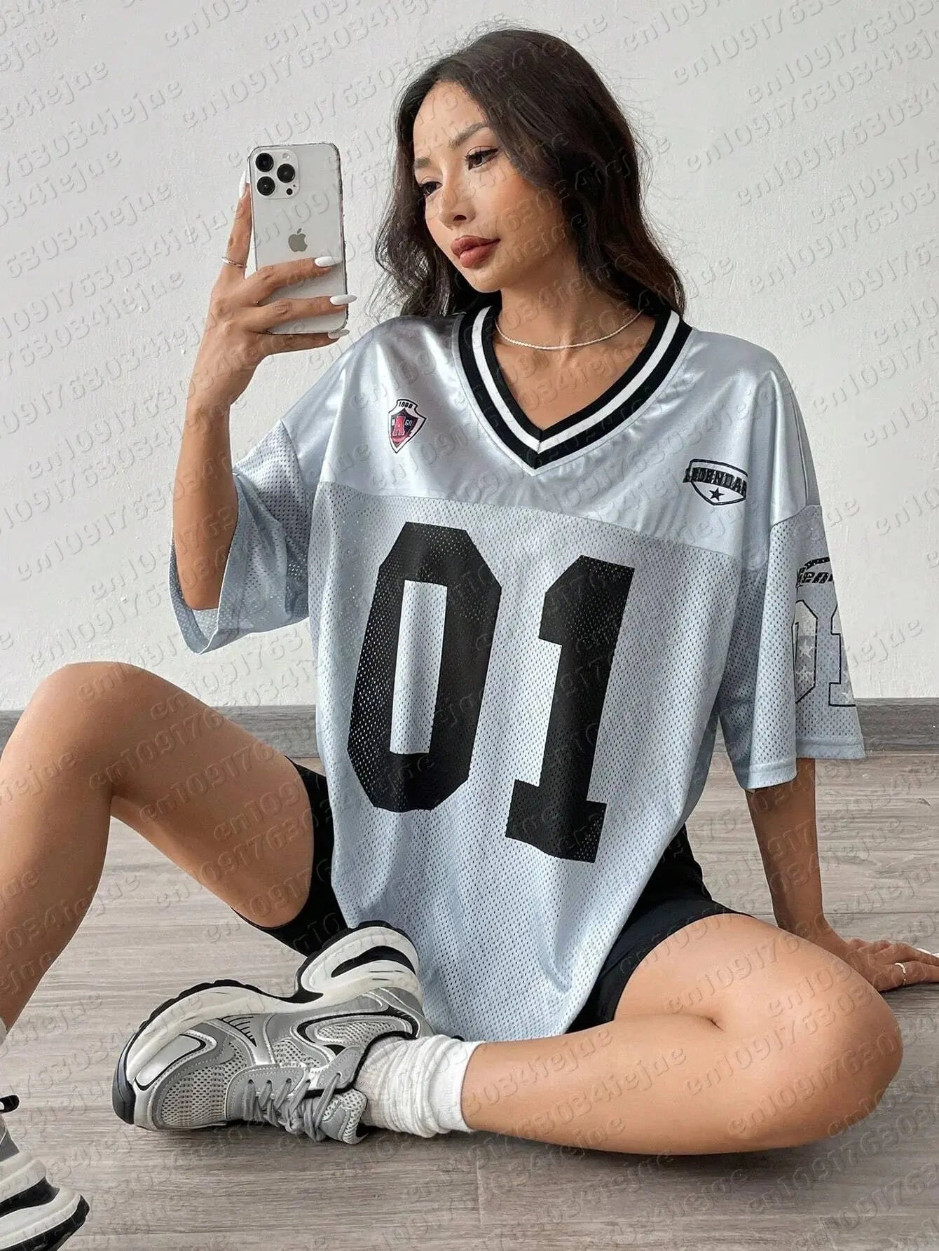 American Sports Fashion V-Neck T-Shirt for women, breathable, quick-drying, loose fit, versatile streetwear hip-hop jersey.