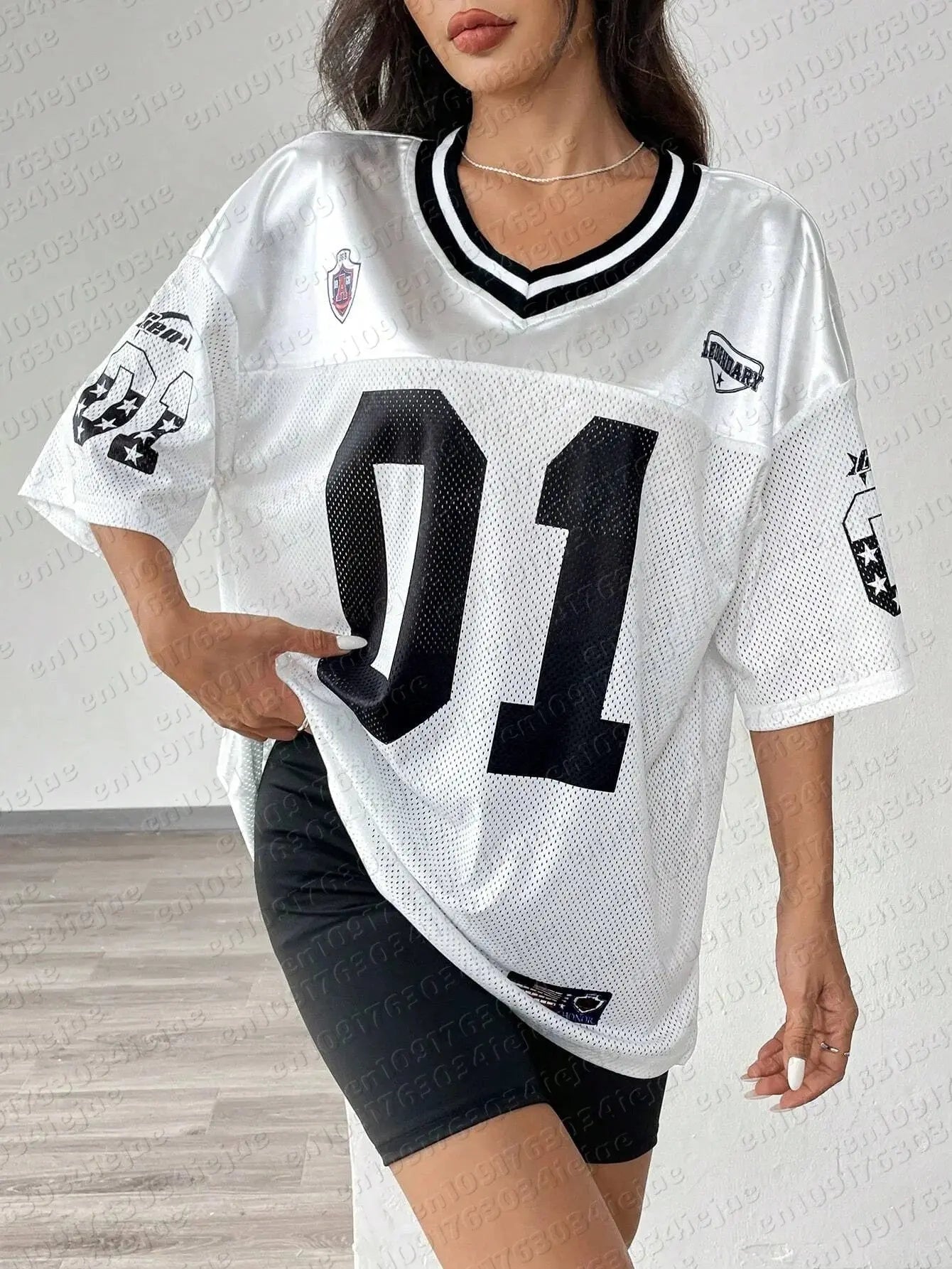 American Sports Fashion women's V-neck T-shirt, breathable, quick-drying, loose-fit hip-hop jersey top with casual versatile style.