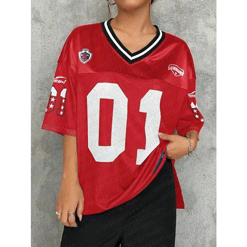 American Sports Fashion V-Neck T-Shirt for women, breathable, quick-drying, casual hip-hop style, loose fit, versatile top.