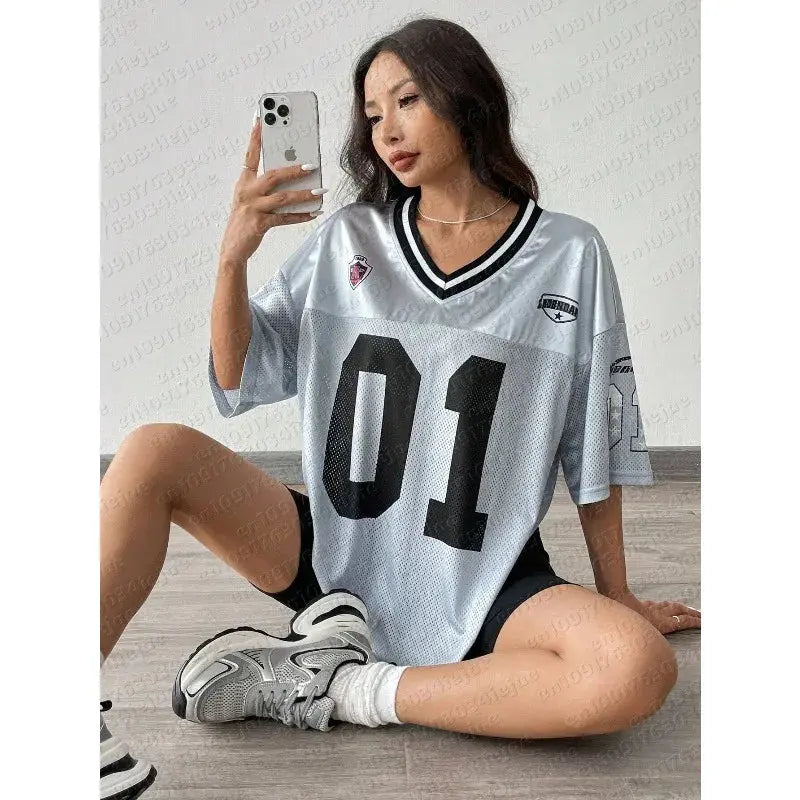 American Sports Fashion V-Neck T-Shirt for women, breathable, quick-drying, loose fit, casual Y2K hip-hop style jersey top