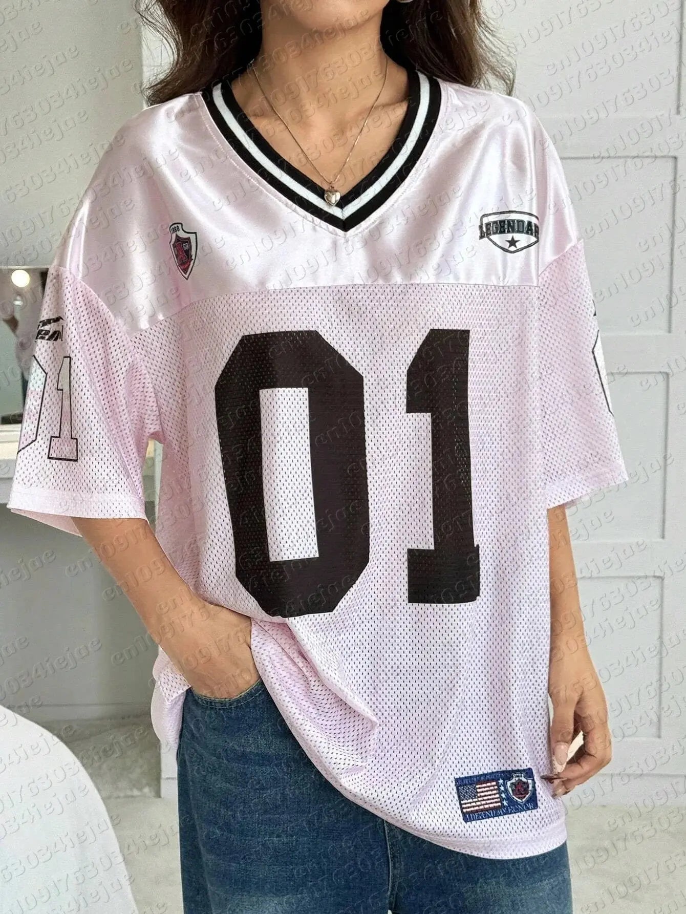 American Sports Fashion V-neck T-shirt for women, loose fit, breathable, quick-drying, casual Y2K hip-hop style jersey top