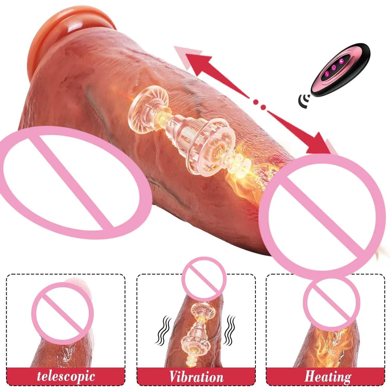 Realistic large dildo with thrusting and vibrating functions, remote control vibrator with suction cup, designed for women’s pleasure.
