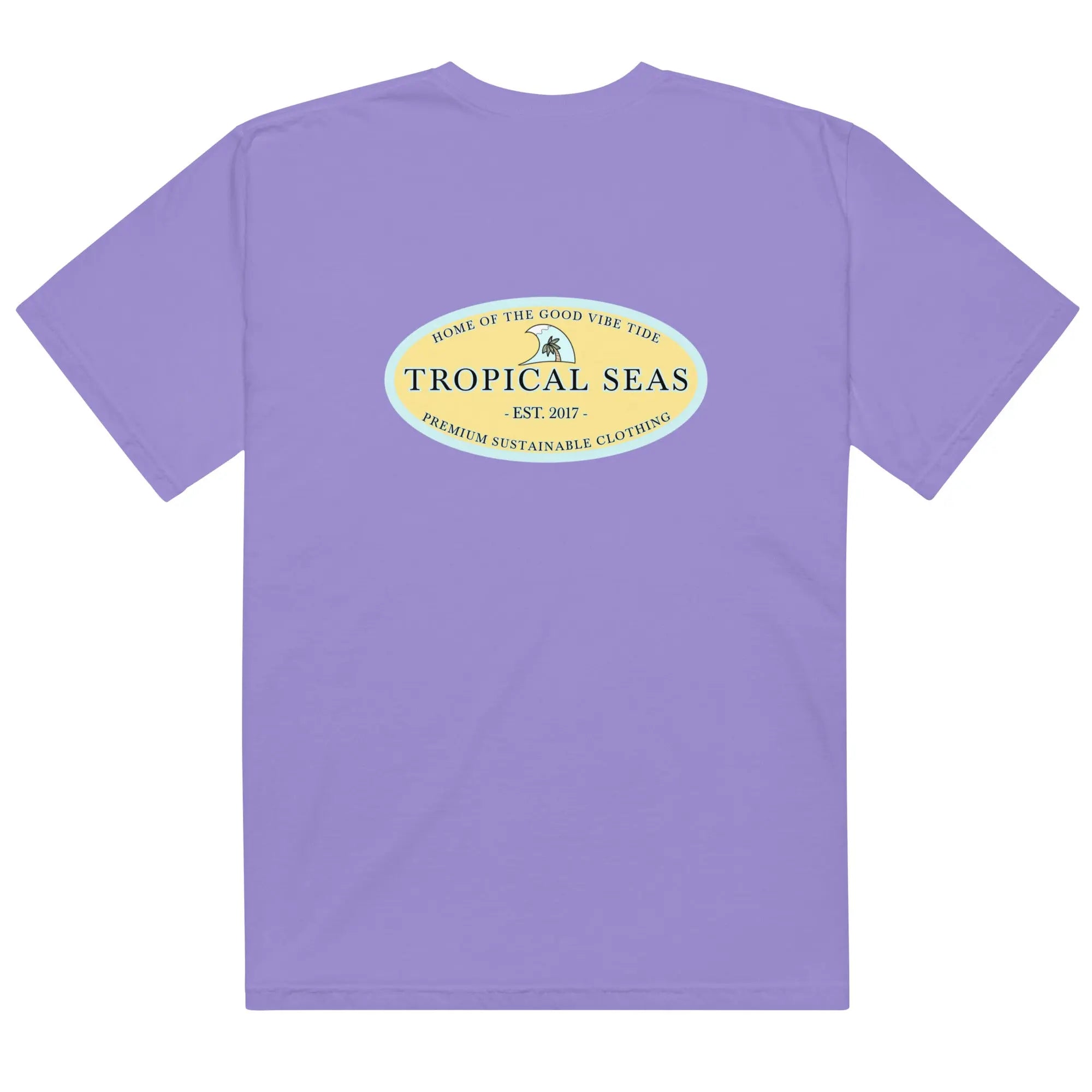 Men's heavyweight cotton t-shirt for men in purple featuring Tropical Seas graphic design on the back.
