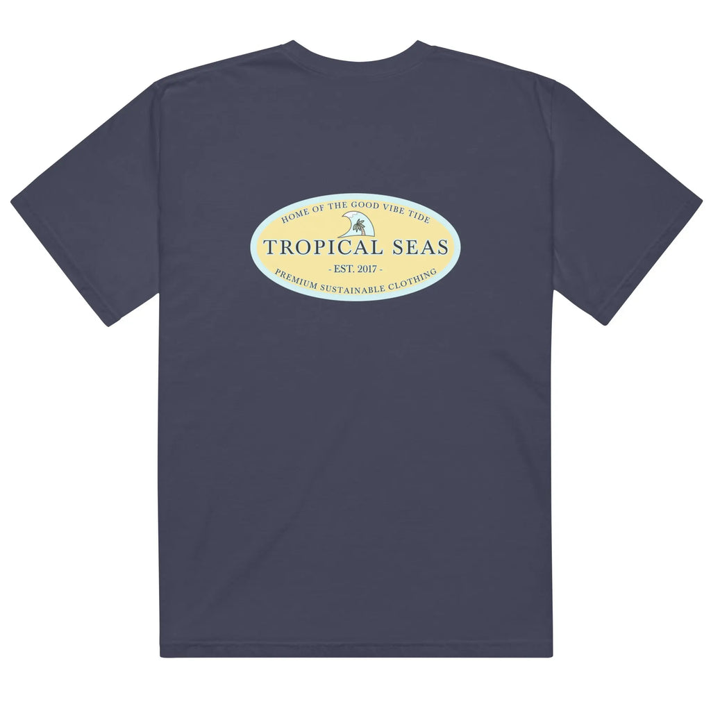 Tropical Seas navy heavyweight cotton t-shirt for men with logo, premium sustainable clothing design.