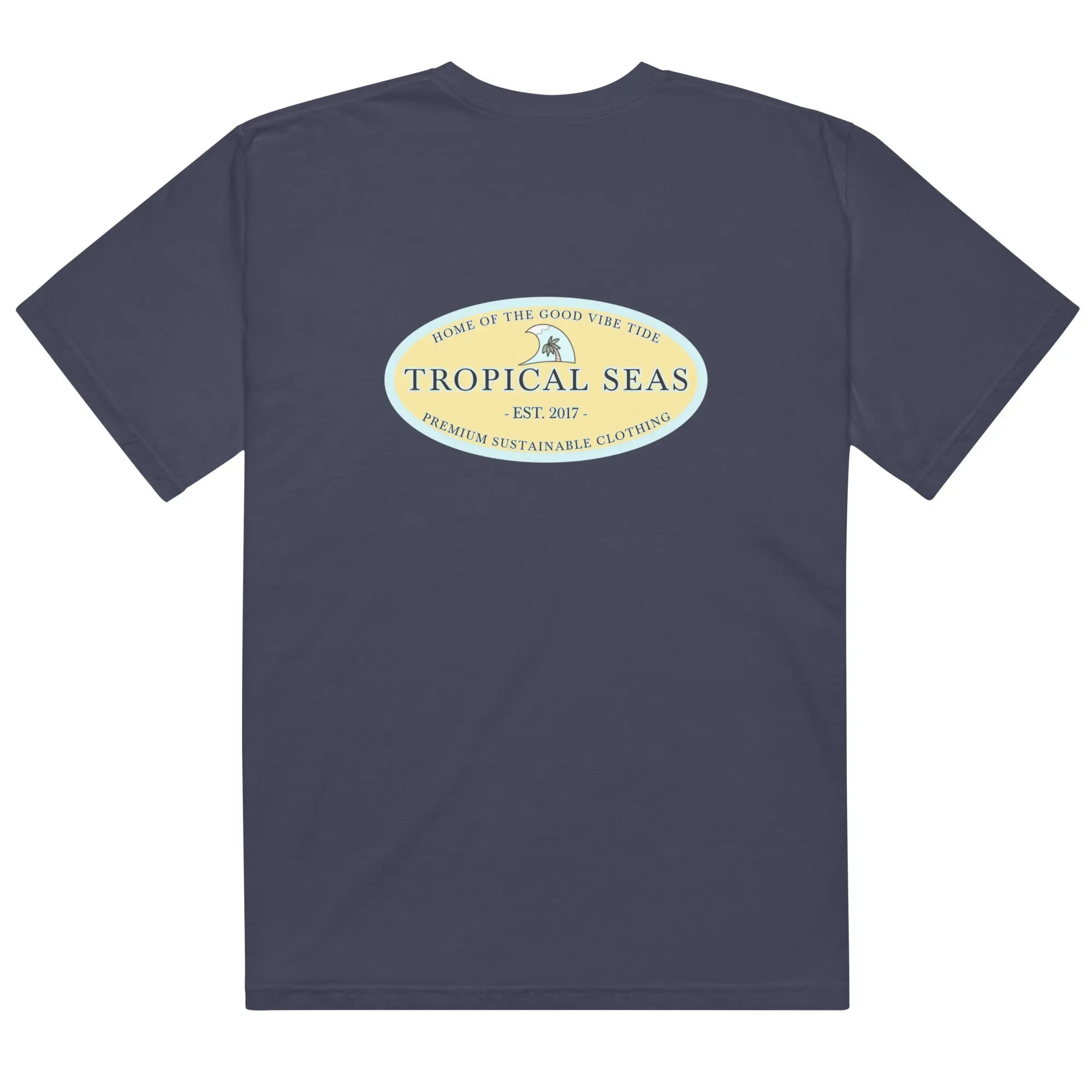 Tropical Seas navy heavyweight cotton t-shirt for men with logo, premium sustainable clothing design.