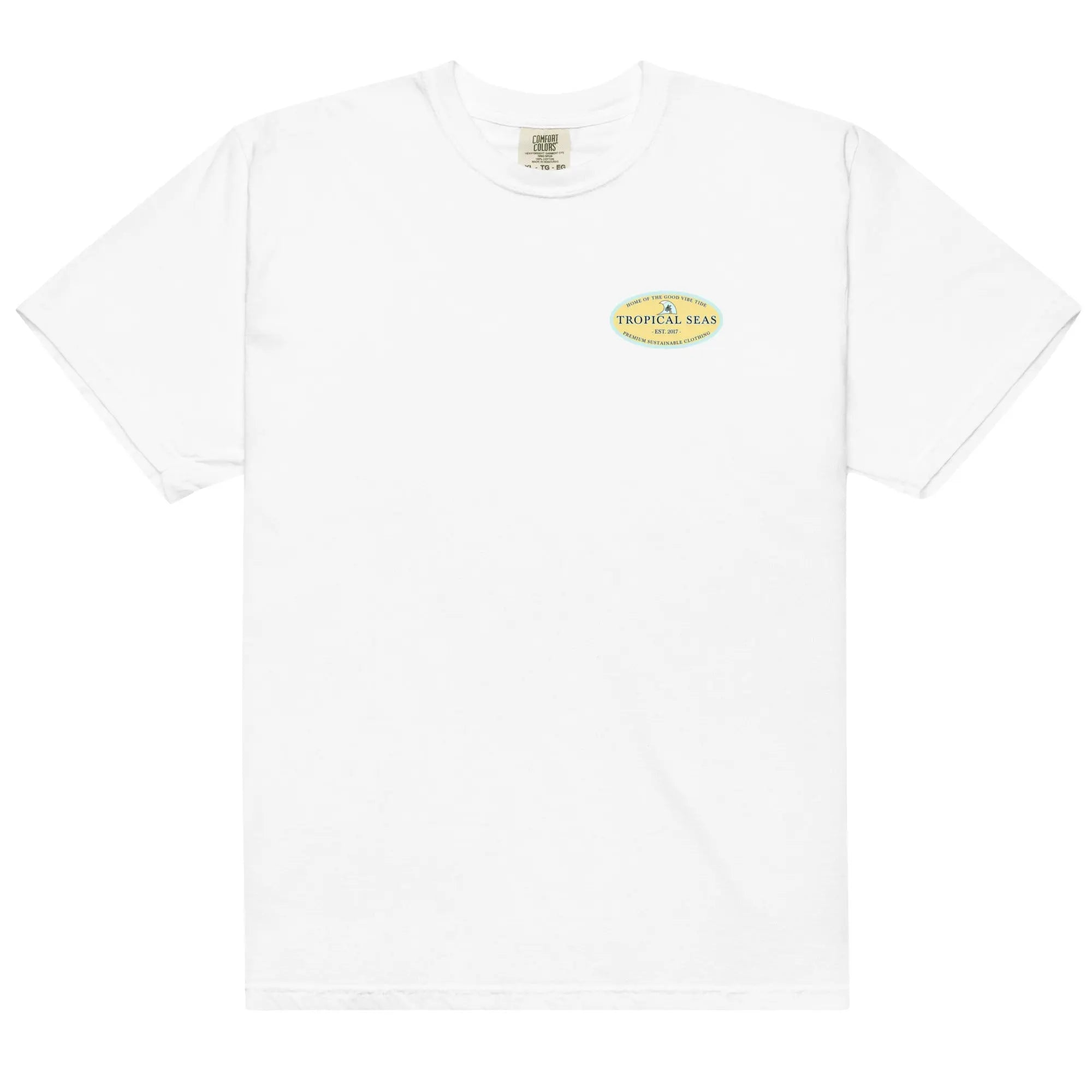 Men's heavyweight cotton t-shirt for men featuring a tropical seas logo on a white background.