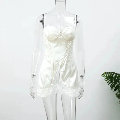 Women White Lace Trim Corset Mini Dress Sexy Sweetheart Neck Spaghetti Strap Slit Hem 2026 Summer Leisure Nightclub Party Wear by Dropshipman
