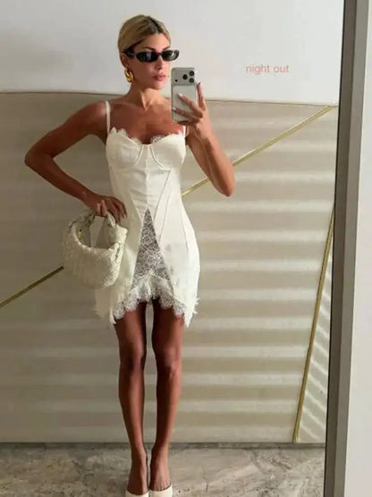 Women White Lace Trim Corset Mini Dress Sexy Sweetheart Neck Spaghetti Strap Slit Hem 2026 Summer Leisure Nightclub Party Wear by Dropshipman