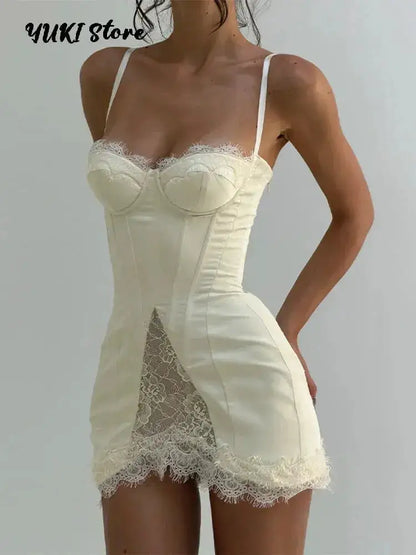 Women White Lace Trim Corset Mini Dress Sexy Sweetheart Neck Spaghetti Strap Slit Hem 2026 Summer Leisure Nightclub Party Wear by Dropshipman