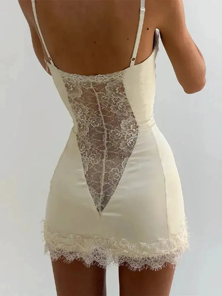 Women White Lace Trim Corset Mini Dress Sexy Sweetheart Neck Spaghetti Strap Slit Hem 2026 Summer Leisure Nightclub Party Wear by Dropshipman