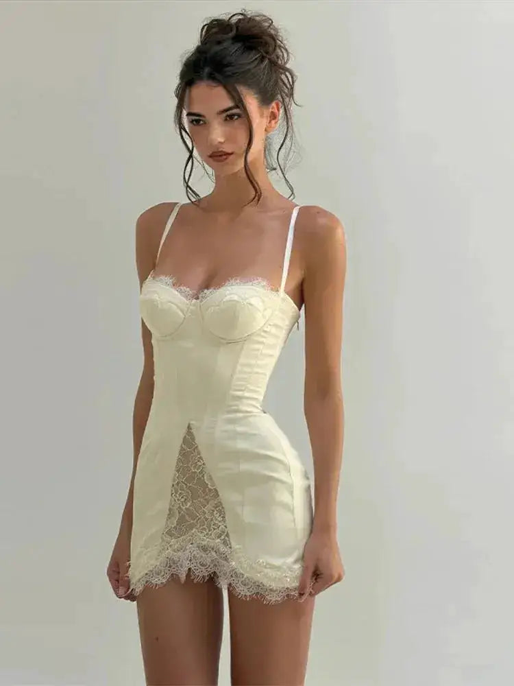 Women White Lace Trim Corset Mini Dress Sexy Sweetheart Neck Spaghetti Strap Slit Hem 2026 Summer Leisure Nightclub Party Wear by Dropshipman