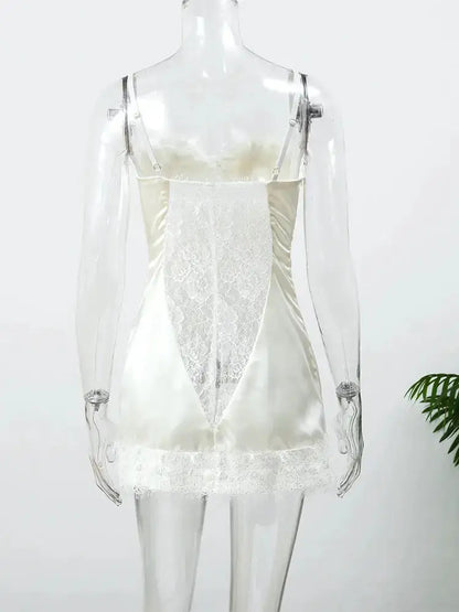 Women White Lace Trim Corset Mini Dress Sexy Sweetheart Neck Spaghetti Strap Slit Hem 2026 Summer Leisure Nightclub Party Wear by Dropshipman