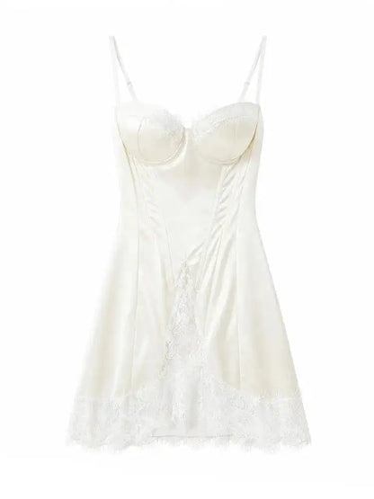Women White Lace Trim Corset Mini Dress Sexy Sweetheart Neck Spaghetti Strap Slit Hem 2026 Summer Leisure Nightclub Party Wear by Dropshipman