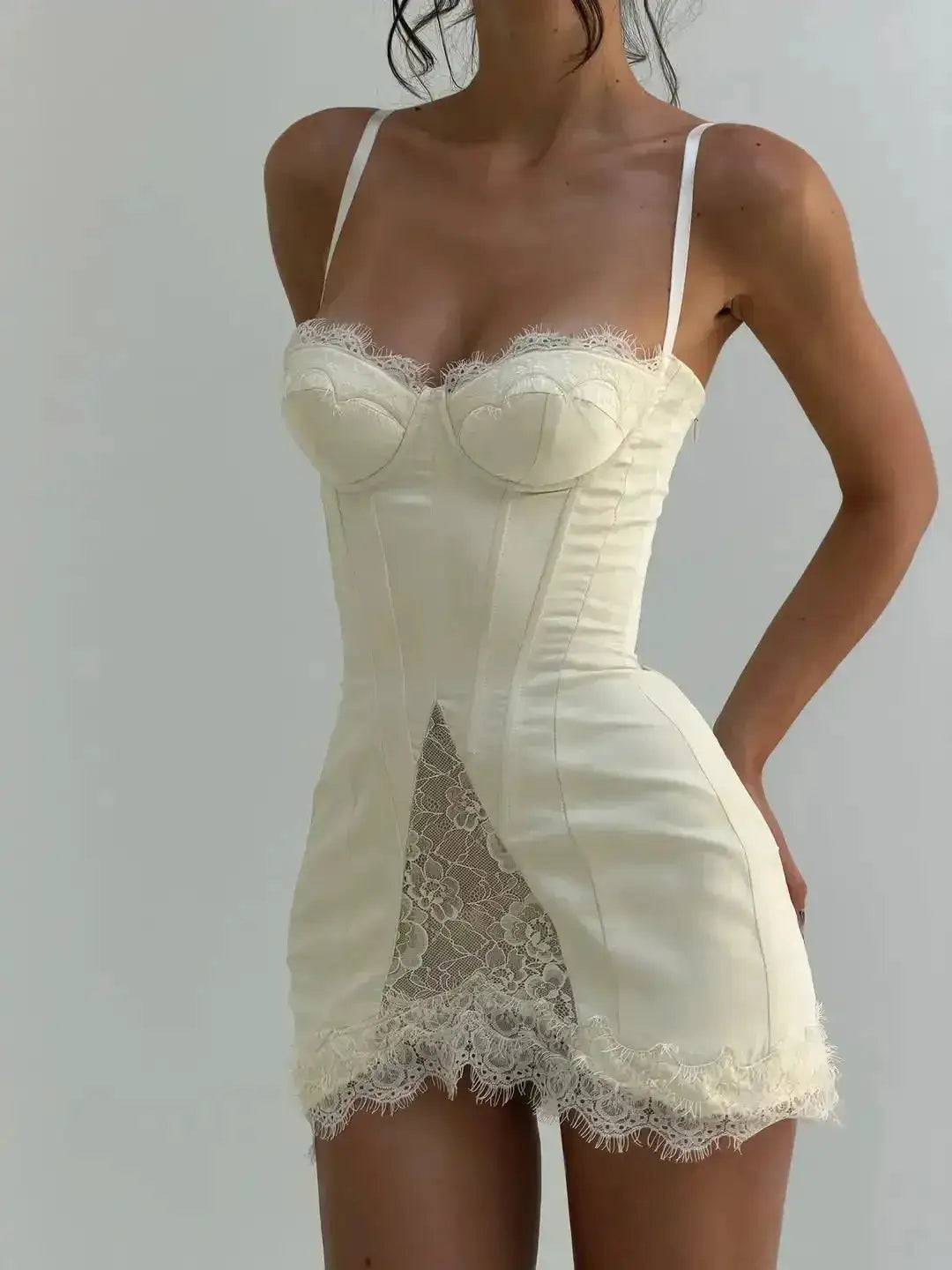 Women White Lace Trim Corset Mini Dress Sexy Sweetheart Neck Spaghetti Strap Slit Hem 2026 Summer Leisure Nightclub Party Wear by Dropshipman