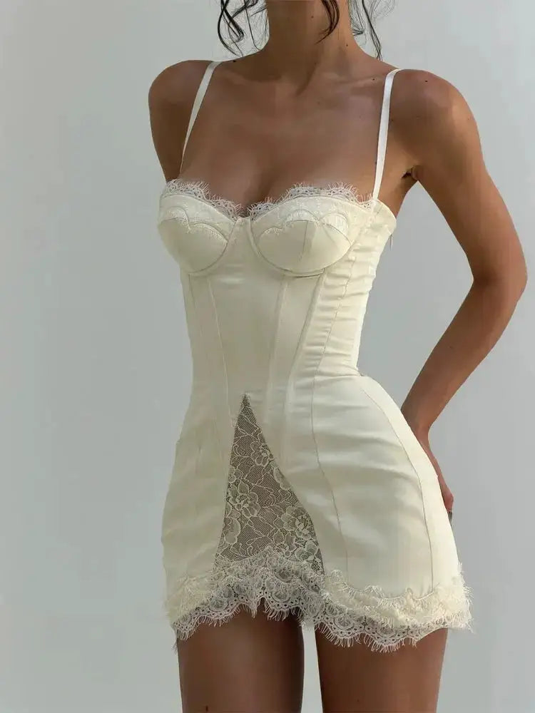 Women White Lace Trim Corset Mini Dress Sexy Sweetheart Neck Spaghetti Strap Slit Hem 2026 Summer Leisure Nightclub Party Wear by Dropshipman