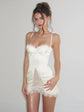 Damen weißes Korsett-Minikleid mit Spitzenbesatz, sexy Neckholder, Spaghettiträger, Schlitzsaum, Sommer 2026, Freizeit, Nachtclub, Partykleidung