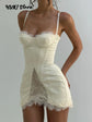 Damen weißes Korsett-Minikleid mit Spitzenbesatz, sexy Neckholder, Spaghettiträger, Schlitzsaum, Sommer 2026, Freizeit, Nachtclub, Partykleidung