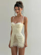 Damen weißes Korsett-Minikleid mit Spitzenbesatz, sexy Neckholder, Spaghettiträger, Schlitzsaum, Sommer 2026, Freizeit, Nachtclub, Partykleidung