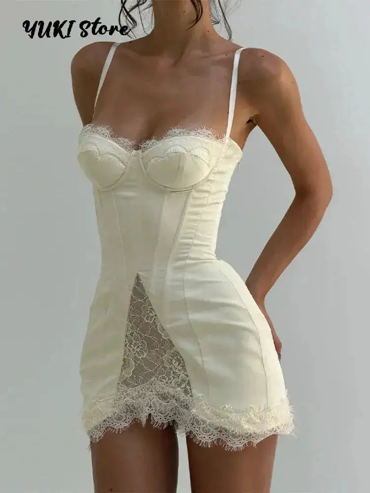 Women White Lace Trim Corset Mini Dress Sexy Sweetheart Neck Spaghetti Strap Slit Hem 2026 Summer Leisure Nightclub Party Wear by Dropshipman