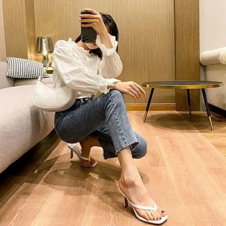 White SHOPEZRA L.L.C. women's summer sandals with thin straps, thong toe, open-toe design, and high heels in size 34-43.