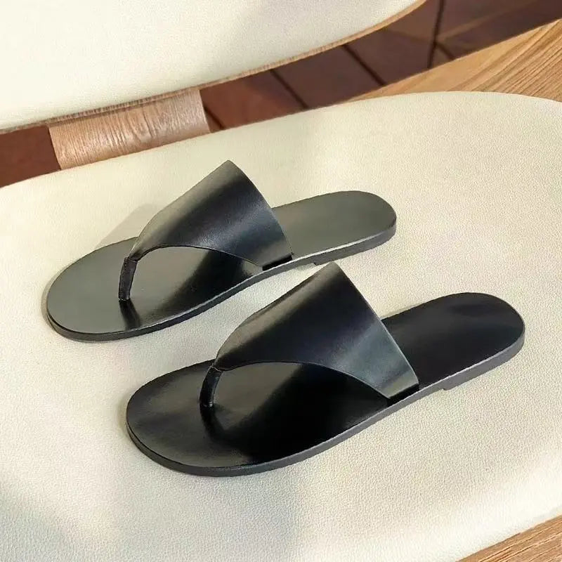 White SHOPEZRA L.L.C. women's flat thong sandals for outdoor wear, summer Roman beach slippers, stylish and comfortable.